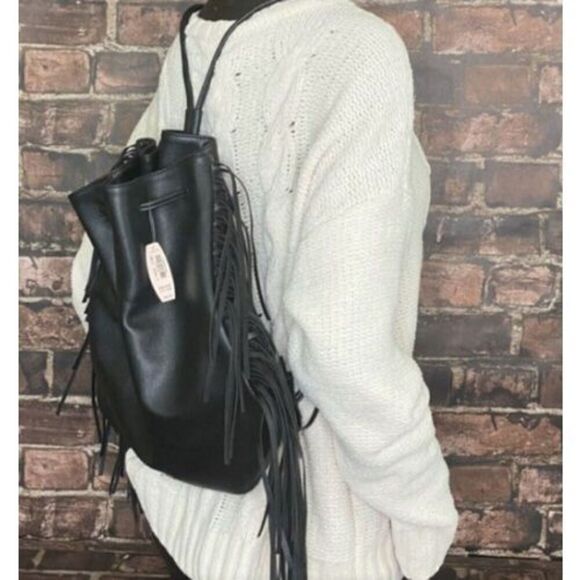 VICTORIA SECRET Faux Leather Black Backpack Fringe Purse SEXY Boho Bag MSRP $85 - Picture 4 of 9